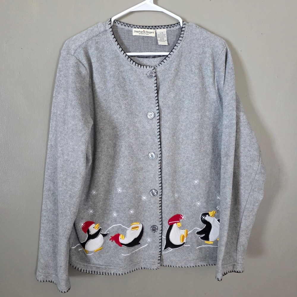 Womens Christmas Sweater Fleece Cardigan Size Large Gray Penguin Winter